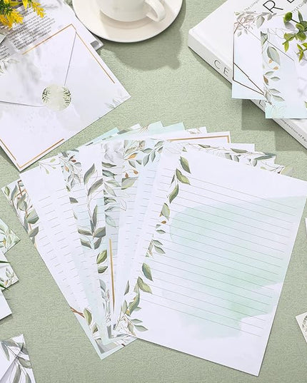 TaoBary 160 Pcs Stationery Paper Set 50 Double Sided Stationery Papers with 50 Matching Envelopes and 60 Round Dot Sticker, 10 Design(Eucalyptus,5.5 x 8.25 Inch)