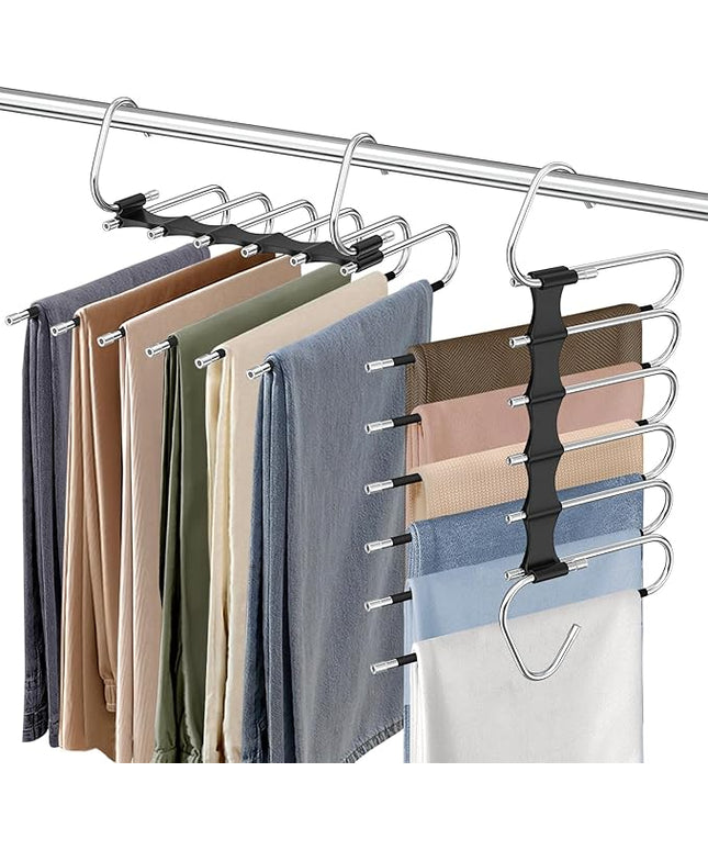 Upgrade 6 Layers Pants Hangers Space Saving, 2 Pack Stainless Steel Multifunctional Rack Non Slip S-Type Pant Closet Organizer Saver for Leggings Jeans Trousers Scarf, Black