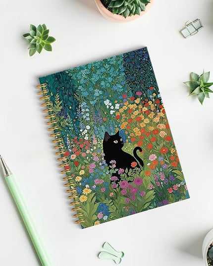 Wildflower Black Cat Spiral Notebook, Black Cat Gifts Journal, Cats Lovers Mom Lady Gifts Journal Notebook, 5.5x8.3 Inch