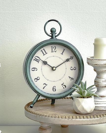 MACVAD EMAX Home Vintage Green Rustic Retro Table Clock, Silent Non-Ticking, Battery Operated, 10.5"H, 7.28"W, Green Dial, Tabletop, Indoor, Kitchen