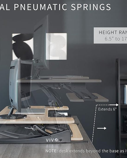 VIVO 36 inch Height Adjustable Stand Up Desk Converter, V Series, Quick Sit to Stand Tabletop Dual Monitor Riser Workstation, Light Wood Top, Black Frame, DESK-V000VO