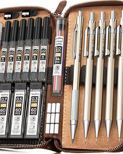 Nicpro 29PCS Metal Mechanical Pencil Set in Leather Case, 0.3 & 0.5 & 0.7 & 0.9 & 2mm Lead Pencil Holder, (6B 4B 2B HB 2H 4H) Lead Refills (Black & Colors), Erasers For Art Drafting Sketching Drawing