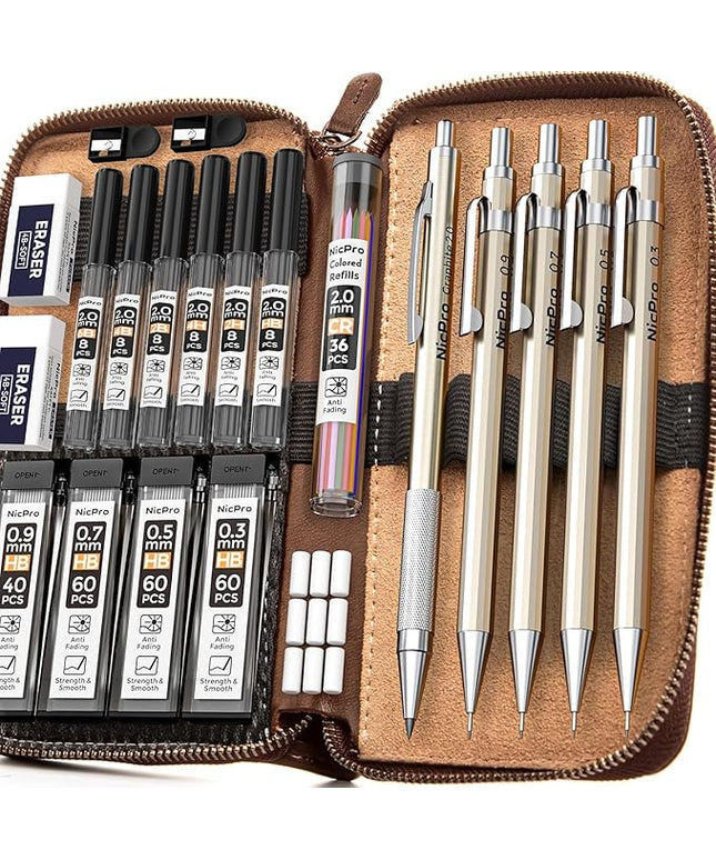 Nicpro 29PCS Metal Mechanical Pencil Set in Leather Case, 0.3 & 0.5 & 0.7 & 0.9 & 2mm Lead Pencil Holder, (6B 4B 2B HB 2H 4H) Lead Refills (Black & Colors), Erasers For Art Drafting Sketching Drawing