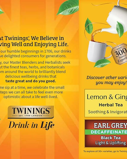 Twinings Decaffeinated Lady Grey Black Tea Individually Wrapped Bags, 100 Count (Pack of 1), Orange Peel & Lemon Peel, Fresh and Uplifting, Caffeinated, Enjoy Hot or Iced, 100 Teabags
