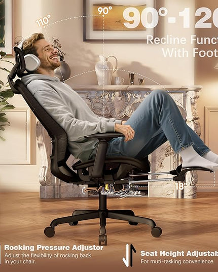 ELABEST T96E Ergonomic Mesh Office Chair with Adjustable Headrest & Footrest,Sturdy Computer Desk Chair - Adjustable Lumbar Support & Armrests,Comfort Wide Seat,Swivel Home Office Chair