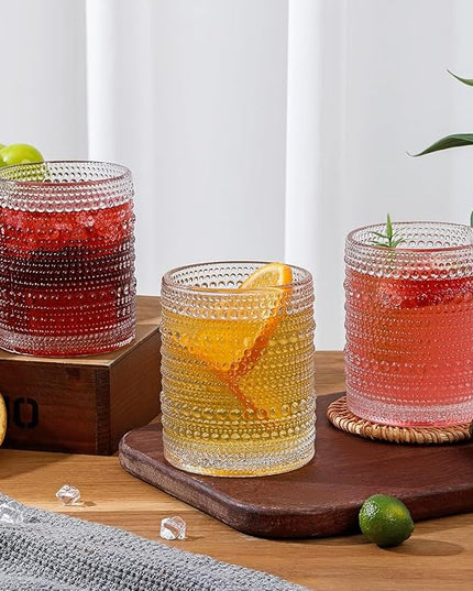 Hobnail Drinking Glasses Set of 12, 12oz & 15oz Vintage Glassware Set Cocktail Glass Set, Embossed Clear Water Tumbler,for Beer, Whiskey,Juice and Various Mixed Drinks (12 Pack-Clear)