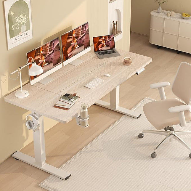 Standing Desk,Large 63x31 Inches Height Adjustable Stand Up Desks with Cable Management, Home Office Computer Desk with Cup Holder & Memory Preset, White Wood Grain