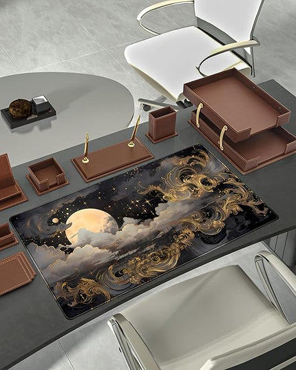 Golden Moon Desk Pad Black Desk Mat XXL Mouse Gaming Pads, Starry Sky Keyboard Pads Extra Large Desktop Computer Mats with Non-Slip Base & Stitched Edges, Vintage Office Decor 31.5" x 15.7"