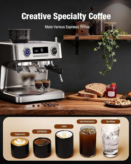 Kndko 20 Bar Espresso Machines with Grinder, Double Boiler Espresso Maker with Milk Frother Steam Wand, Programmable Coffee Maker for Home Cappuccino Latte & Americano