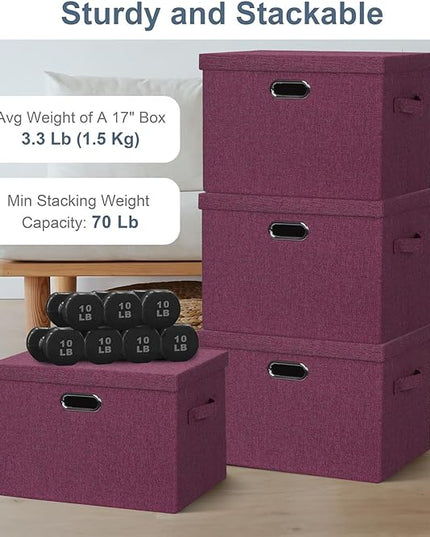 Large 17" 36 Quart Collapsible Stackable Storage Bins with Lids, 3 Packs Purple Linen Fabric Closet Boxes with Lids, Storage Cube Baskets Container Organizers for Bedroom Office (17x12x11)