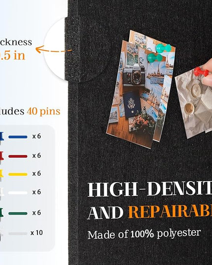 DOLLAR BOSS Felt Cork Board Tiles, 4 Packs 12" x 12" 1/2" Thick Cork Bulletin Board Self Adhesive Acoustic Panels Soundproof Corkboards for Walls with 40 Pushpins for Home Office Kitchen School, Black
