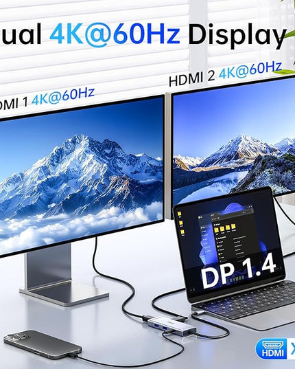 Docking Station to Dual HDMI Monitor, USB C to Dual HDMI Adapter, USB-C HUB with 2xHDMI Ports 4K 60Hz, 100W PD Charging, USB-A&C 3.0, Laptop Docking Station Compatible with Dell, HP, Lenovo, and More
