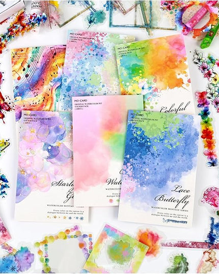 Dwpetzo 120Pcs Watercolor Decorative Stickers for Journaling, 6 Pack Flower Lace Frame Transparent PET Stickers for Scrapbooking, Junk Journal Supplies, Collage, Card Making, Crafts Arts