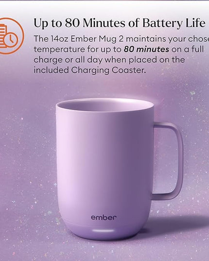 Ember Temperature Control 14oz Smart Mug 2, App-Controlled and Rechargeable Heated Coffee Cup Warmer with Intelligent LED Display, Lavender.