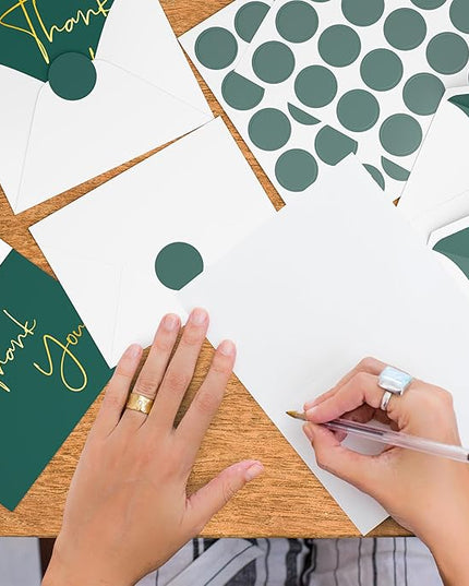 VNS Creations Gold Foil Thank You Cards With Envelopes Bulk Set & Stickers - 100 Pack 4x6 Blank Thank You Notes Set - Large Note Card Small Business, Wedding, Baby Shower & Bridal Shower - Post Green