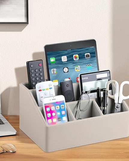 MEIBOOCH PU Leather Desk Organizer, Luxury Remote Control Holder for Home, Office Desk Accessories Table Caddy Bedside Nightstand Organizer (Dark Beige)