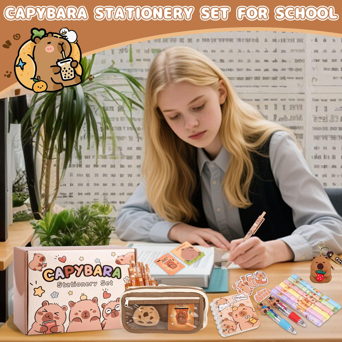 Ulema 80pcs Cute Capybara Stationery Set Birthday Capybara Gifts for Boys Girls Back to School and Classroom Rewards Kawaii School Supplies with Capibara Stuff.