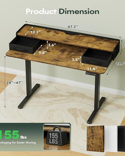 Homall Electric Standing Desk with 2 Drawers, Adjustable Height Computer Desk with Monitor Shelf Sit Stand Table with Splice Board Quick Install for Home Office (Rustic Brown, 48 Inch)