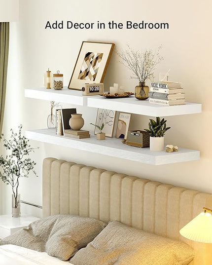 Heimlove 12 Inch Deep Floating Shelves, 55 x 12 inches Long Wall Shelf, Large Extra Display Shelf & Storage Shelf, Rustic Wood Wall Shelves for Fireplace Mantel, Set of 1(White)