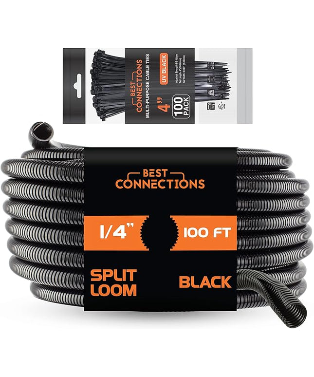BEST CONNECTIONS 100 Ft – 1/4" Diameter Split Wire Loom Flex-Guard Convoluted Tubing with 100 Pcs x 4" Nylon Cable Zip Ties – Protective Split Cable Sleeves/Conduit – Black