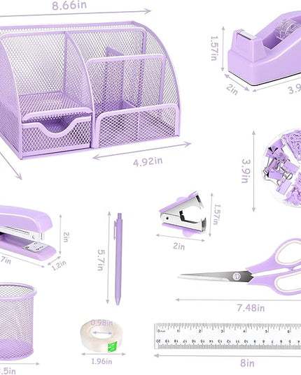 Purple Office Desk Accessories Supplies, 12pcs Desk Organizers and Accessories with Tape dispenser and Stapler,Staples,Staple Remover,Pen Holder,Scissor,Ruler,Sticky Tabs,Tape,Ballpoint Pen,Clips Set