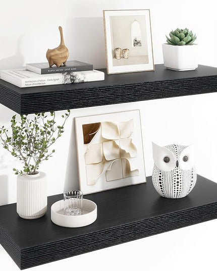 Heimlove 12" Deep Floating Shelves, 36 x 12 Inch Wall Mounted Long Floating Shelf with Invisible Brackets, for Home Decor, Bedroom, Kitchen, Living Room, Bathroom - 2 Pack, Black