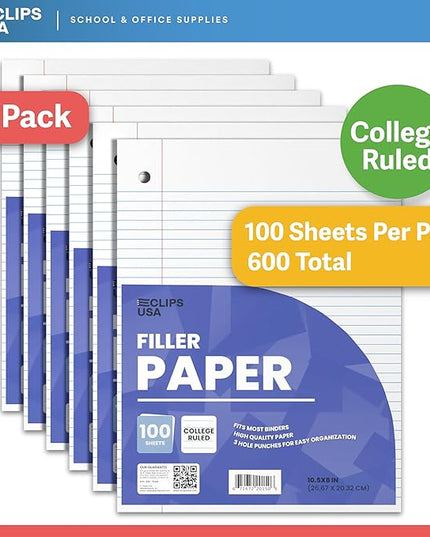 Loose Leaf Paper College Ruled Notebook Paper College Ruled Lined Writing Filler Paper 10.5” x 8” 600 Sheets 100 Sheets Per Pack 60 gsm (6 Pack)