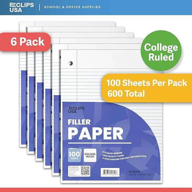 Loose Leaf Paper College Ruled Notebook Paper College Ruled Lined Writing Filler Paper 10.5” x 8” 600 Sheets 100 Sheets Per Pack 60 gsm (6 Pack)