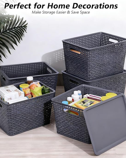 Xyskin 6 Packs Storage Bins with Lids, Plastic Storage Containers with Lids, Stackable Storage Box Baskets for Organizing Desktop Closet Playroom Classroom Office, Gray