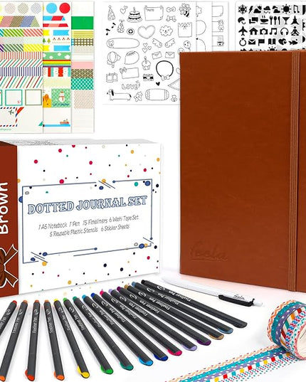 feela Dotted Journal Kit, Dot Grid Journal Hardcover Planner Notebook Set For Beginners Women Girls Note Taking with Journaling Supplies Stencils Stickers Pens Accessories, A5, 224 Pages, Brown
