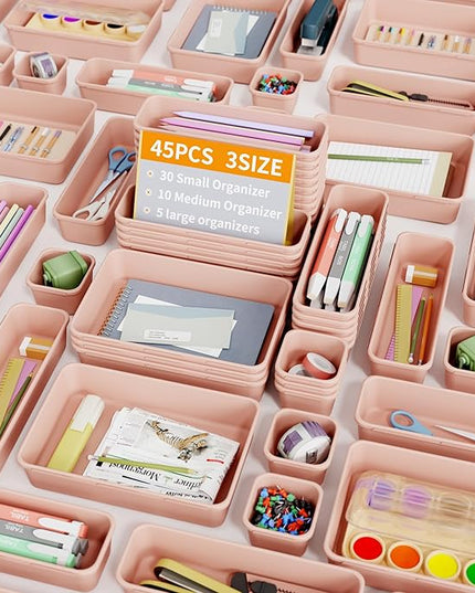 45 Pack Pink Plastic Drawer Organizer Trays - 3-Size Storage for Kitchen, Bathroom, Office, Vanity, Makeup, Utensils, Junk Drawer Organizer Bins, Gadget Trays