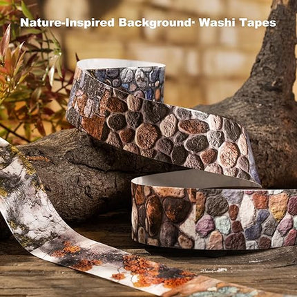 AuriicLeaf Nature-Inspired Washi Tape Set – 6 Decorative Rolls Featuring Realistic Plant, Pebble, Bark, Moss, and Water Designs for Journaling and Scrapbooking