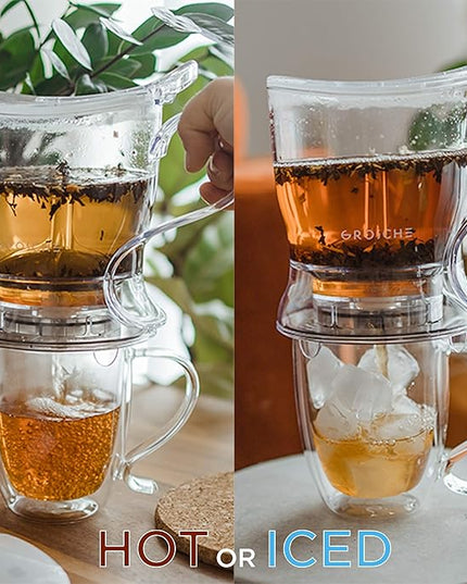 GROSCHE Aberdeen 34 oz tea pot and bottom dispensing tea steeper and Cyprus Large 16 oz double walled glass mug set