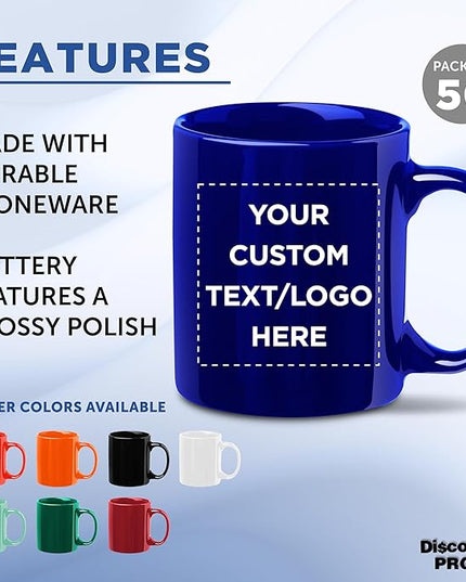 Custom Ceramic Coffee Mugs 11 oz. Set of 50, Personalized Bulk Pack - Coffee cup set, Iced coffee cup, Gaming mug - Cobalt Blue