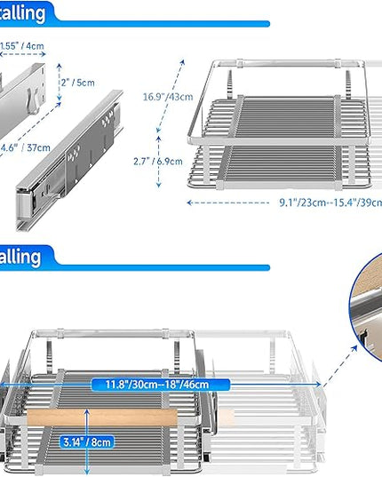 SUZLON Expandable Pull Out Cabinet Organizer,11.8~18" W x 17" D Heavy Duty Slide Out Shelves Adjustable Height Cabinet Pull Out Shelves,Expandable Width Spice Rack Organizer for Kitchen Cabinet