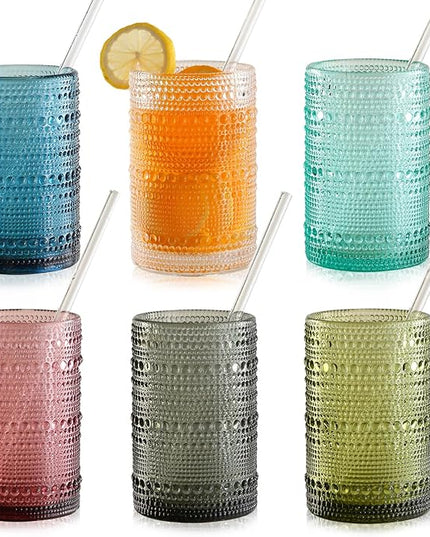 15oz Colored Hobnail Drinking Glasses Set of 6,Vintage Kitchen Glassware,Embossed Beaded Glass Cups,Water Tumbler for Cocktail,Juice and Various Mixed Drinks
