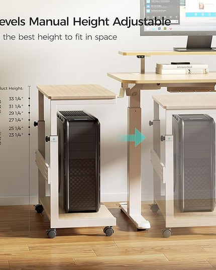 EUREKA ERGONOMIC PC Stand Computer Cart, Height Adjustable Tower Stand 2-Tier Suit for ATX Case Printer, Metal Rolling Cart on Wheels for Gaming Home Office, Maple
