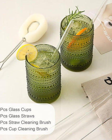 Vintage Glassware Drinking Glasses Set of 6,15 oz Hobnail Glass Cups,Embossed Green Water Tumbler,for Beer,Cocktail,Whiskey,Juice and Various Mixed Drinks- 1 Cleaning Brush