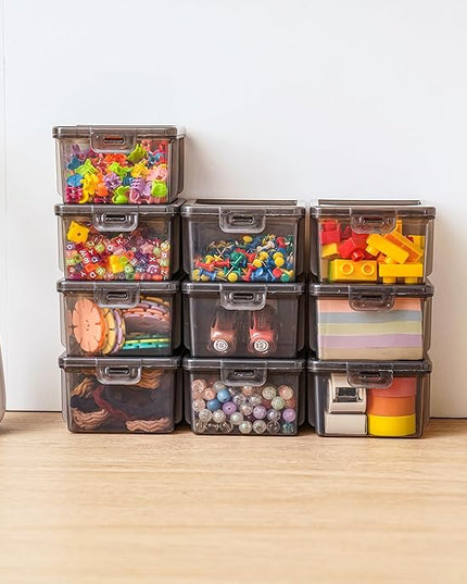 10-Pack Small Plastic Containers with Lids, Clear Stackable Storage Boxes & Bins Organizer for Bead Organizer, Craft Storage, Stickers, Jewelry & Small Items – Black Square Small