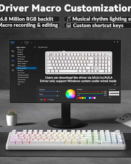 AULA F99 Pro Wireless Mechanical Keyboard-Silent Version,BT5.0/2.4GHz/USB-C Hot Swappable Custom Keyboard,Gasket Structure,Pre-lubed Linear Switches RGB Backlit Computer Gaming Keyboards,White