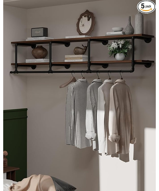 Wall Mounted Clothes Rack 12 Inch Deep, 72 Inch Heavy Duty Garment Rack with Real Walnut Wood Shelf, Multi-Purpose Hanging Rod & Space-Saving Closet Storage Organizer