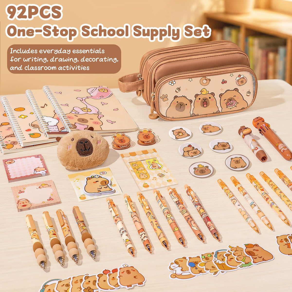 Similove Capybara Stationery Set 92 Pcs, Kawaii Back to School Supply Bundle with Pencil Case, Notebooks, Pens and Stickers, Cute School Supplies for Kids Girls, Kindergarten Elementary Gifts