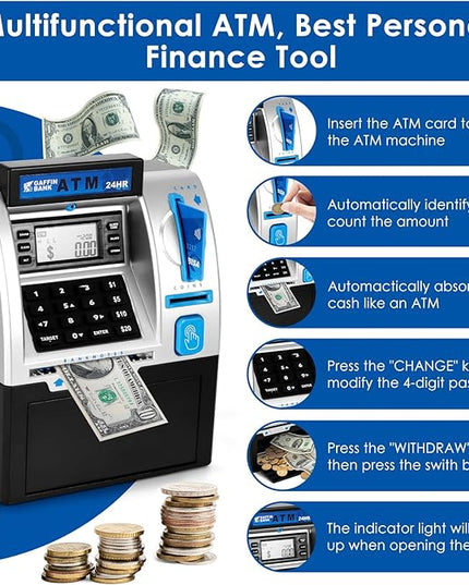 ATM Piggy Bank for Real Money – Mini ATM Bank Machine with Card & PIN, Coin & Note Recognition, Balance Calculator – Fun Electronic ATM Savings Bank for Teenagers & Adults