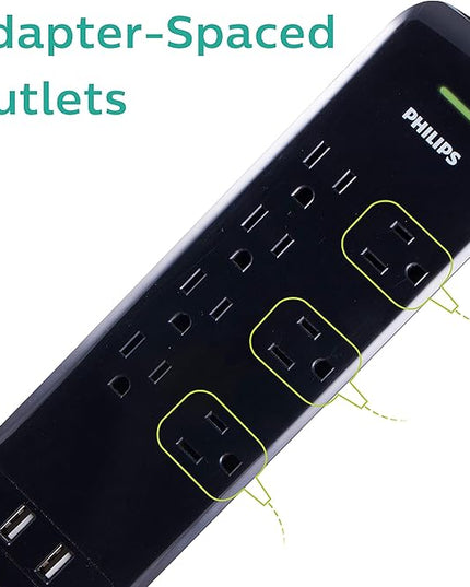 Philips 7 Outlet Power Strip Surge Protector, 2 USB Charging Ports, 4ft Power Cord, Flat Plug, Wall Mount, 1440 Joules, ETL Listed, Circuit Breaker, Automatic Shutdown, Black, SPP6270BC/37