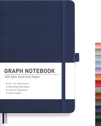 RETTACY Graph Grid Paper Notebook, 192 Pages, A5 Medium Size (5.7'' x 8.3''), 5 Squares per Inch, Leather Hardcover, 100 GSM Thick Paper, for School, Students, Math, Engineering (Navy Blue)