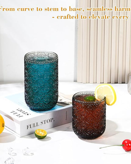Grey Drinking Glasses Set of 12, 12 Oz Highball & 10 Oz Cocktail Glasses, Grey Kitchen Vintage Glassware Set, Floral Embossed Glass Tumbler Cups for Water, Beer, Juice, Whiskey, Coffee