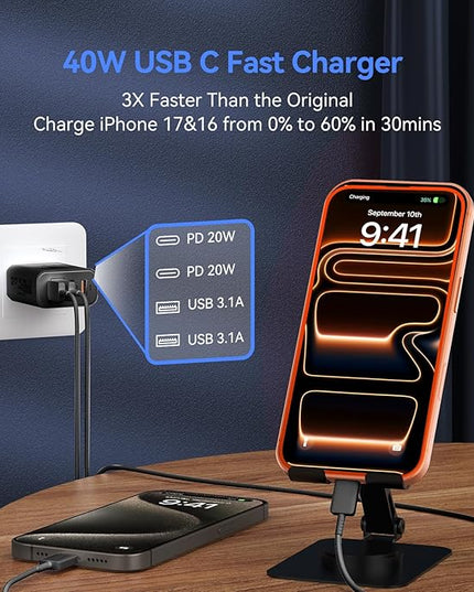 USB C Wall Fast Charger Block, 40W 4-Port Type C Chargers Fast Charging Blocks PD Power Charger Adapter+QC 3.0 USB Multiport Charger Brick for Phone 17/16/15/14/13/12 Pro Max, i-Pad, Galaxy S25-2Pack