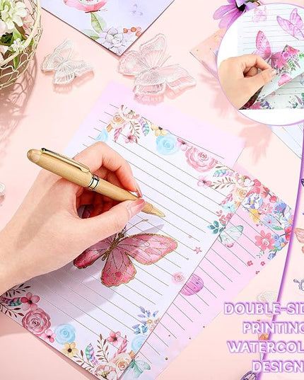 TaoBary 160 Pcs Stationery Paper Set 50 Double Sided Stationery Papers with 50 Matching Envelopes and 60 Round Dot Sticker, 10 Design(Watercolor Butterfly,5.5 x 8.25 Inch)