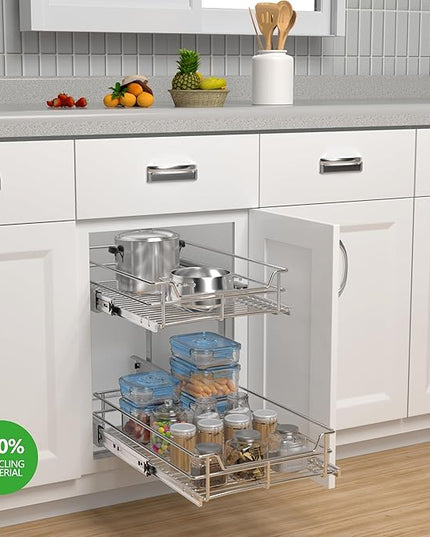 JOWBOOW 2-Tier Cabinet Pull Out Shelves (14" W x 22" D), Slide Out Shelves for Kitchen Cabinets, Metal Under Cabinet Roll Out Shelf
