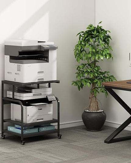 Printer Stand, 23.6 x18.9 x 30 Inches Large Printer Table with Adjustable Storage Shelf, 3 Tier Rolling Printer Cart with Wheels for Home Office, Stand for Heat Press Mini Fridge, Black
